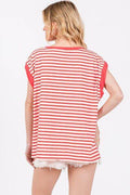 Ces Femme Side Slit Striped Cap Sleeve T-Shirt - Hovatok