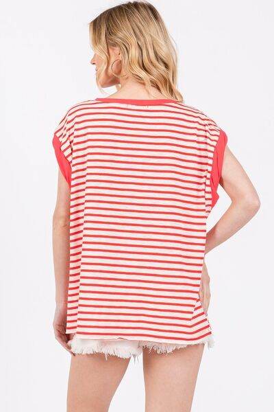 Ces Femme Side Slit Striped Cap Sleeve T-Shirt - Hovatok