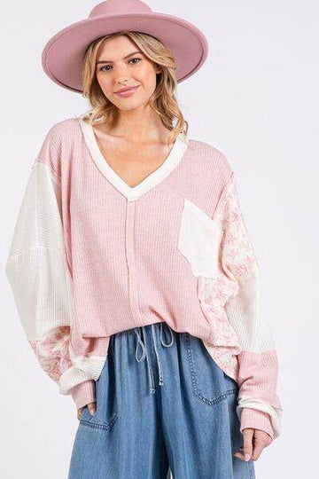 SAGE + FIG Floral Long Sleeve V-Neck Waffle Knit Top - Hovatok