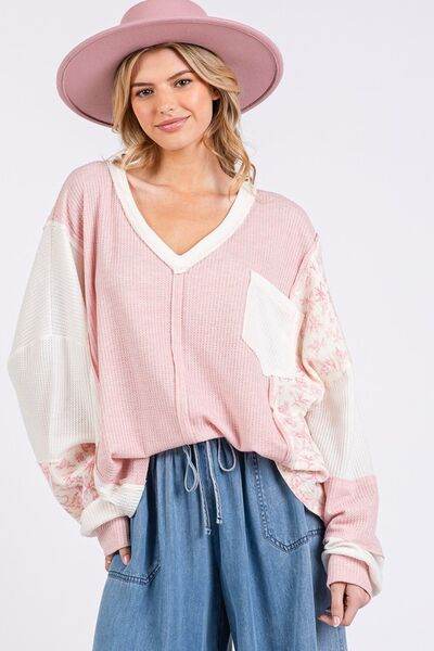 SAGE + FIG Floral Long Sleeve V-Neck Waffle Knit Top - Hovatok
