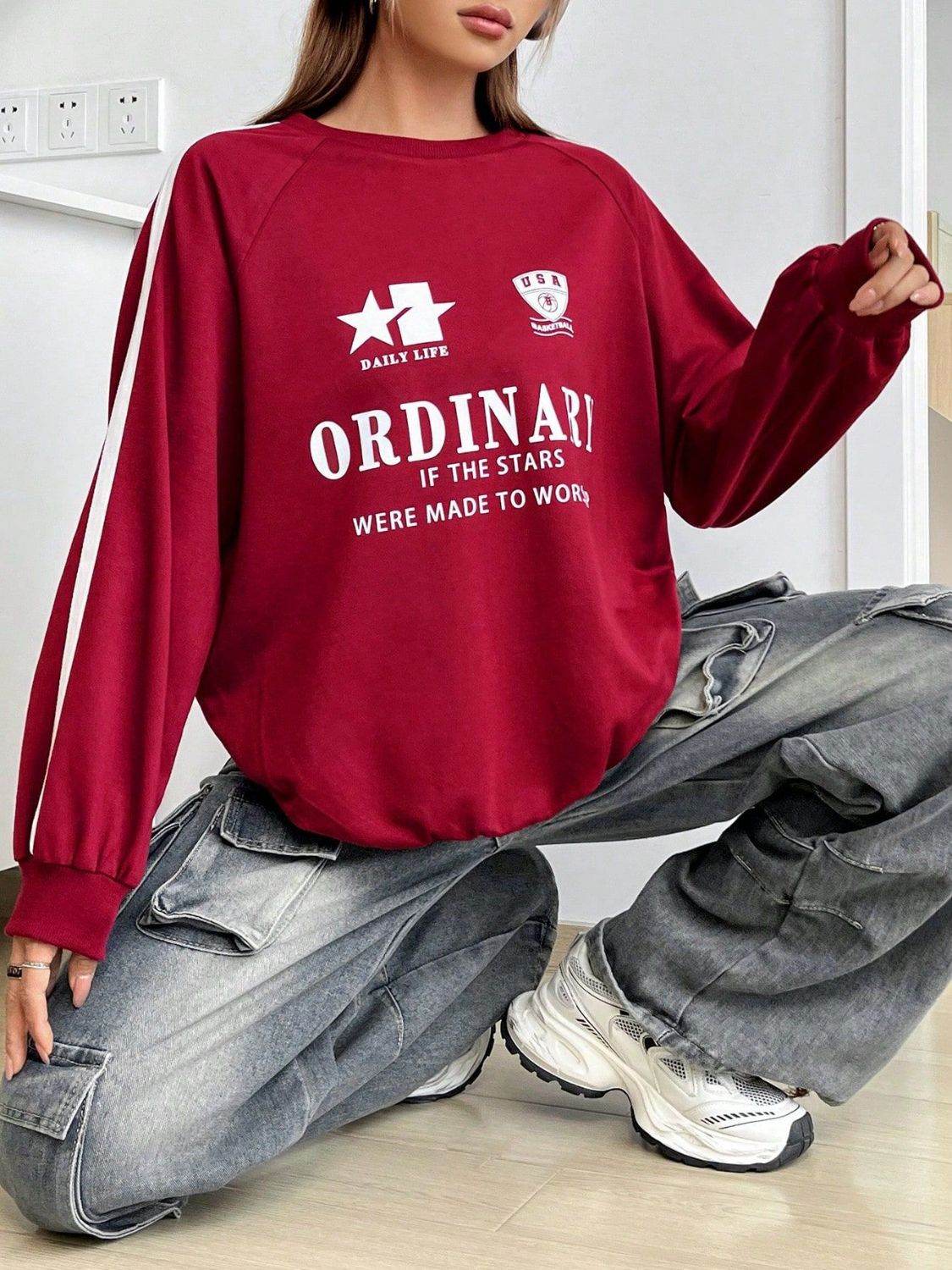 Letter Graphic Round Neck Long Sleeve Sweatshirt - Hovatok