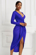 High-low Ruched Surplice Long Sleeve Dress - Hovatok