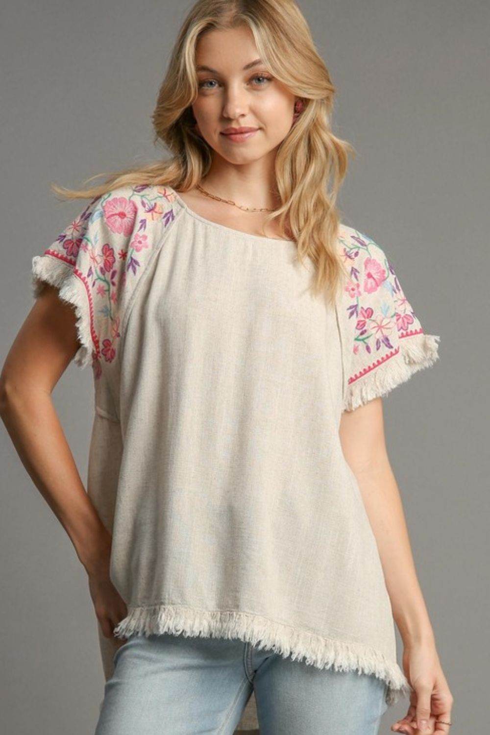 Umgee Full Size Linen Round Neck High Low Hem Frayed Top Plus Size - Hovatok