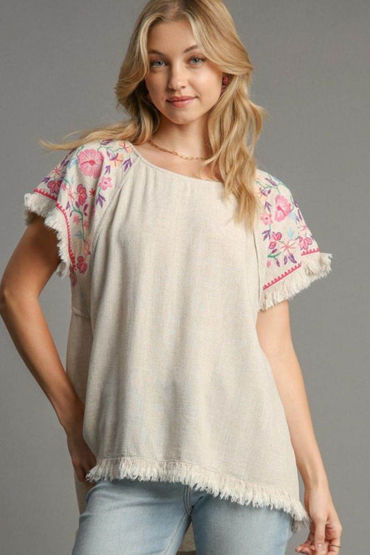 Umgee Full Size Linen Round Neck High Low Hem Frayed Top Plus Size - Hovatok
