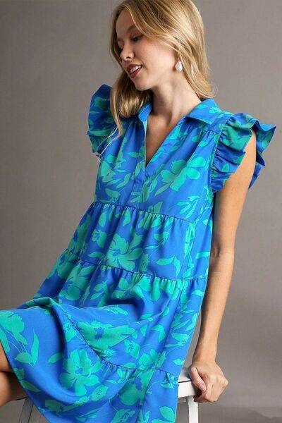 Umgee Full Size Floral Print Ruffle Cap Sleeve Tiered Dress Plus Size - Hovatok
