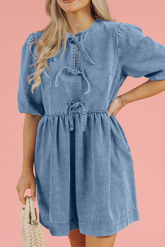 Bowknot Round Neck Half Sleeve Denim Dress - Hovatok