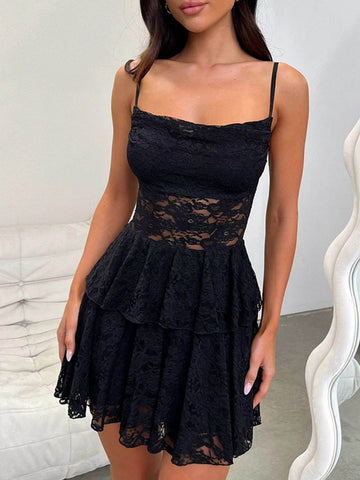 Devine Lace-Up Layered Lace Mini Cami Dress - Hovatok