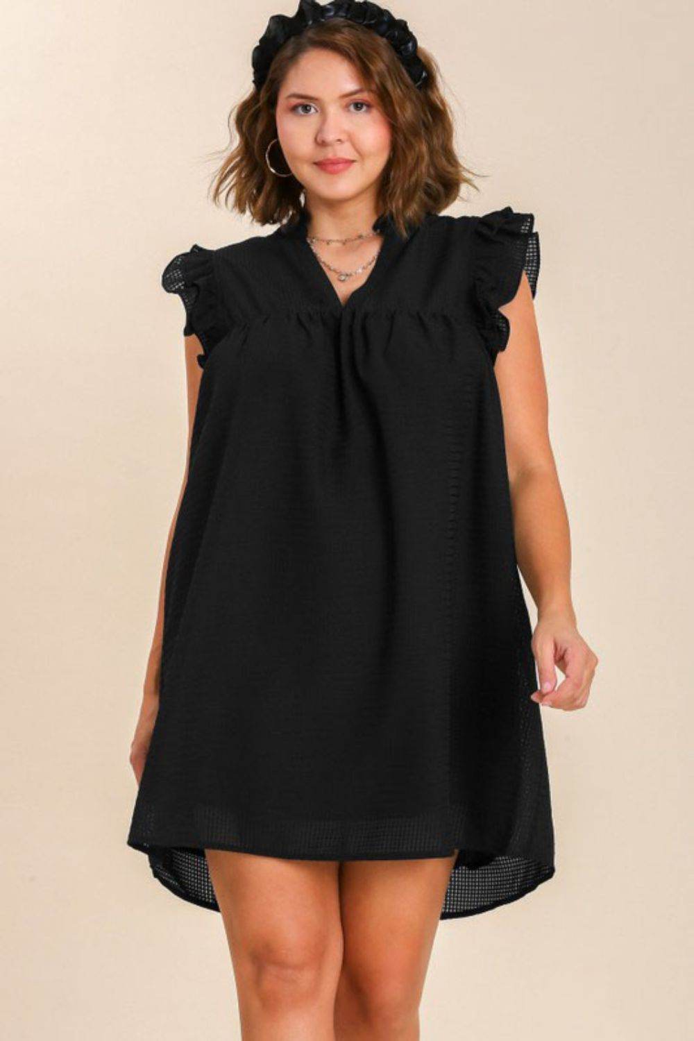 Umgee Full Size Layered Ruffle Sleeve Mini Dress Plus Size - Hovatok