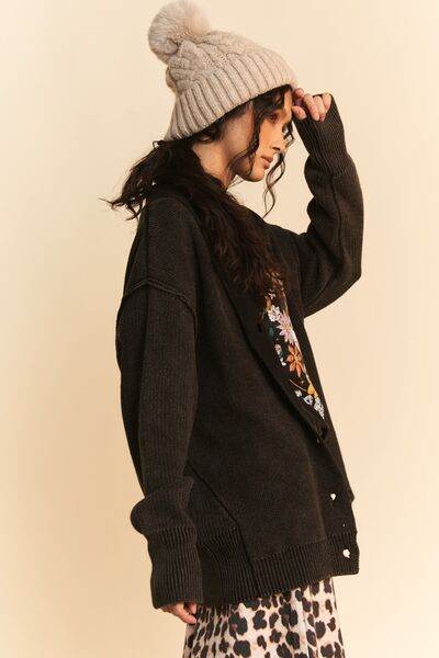 Davi & Dani Shawl Collar Ribbed Detail Button Up Cardigan - Hovatok