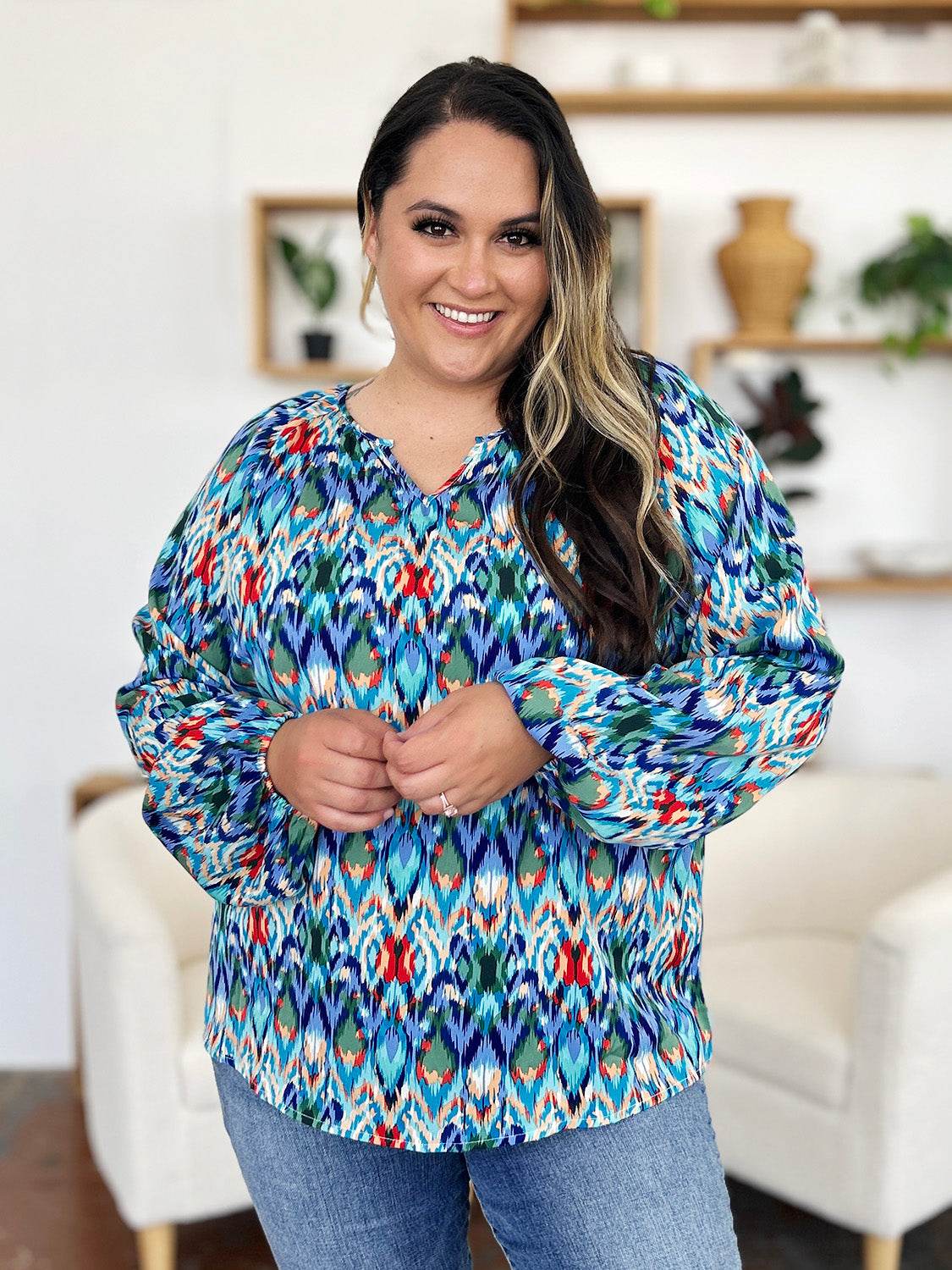Double Take Full Size Printed Balloon Sleeve Blouse - Hovatok