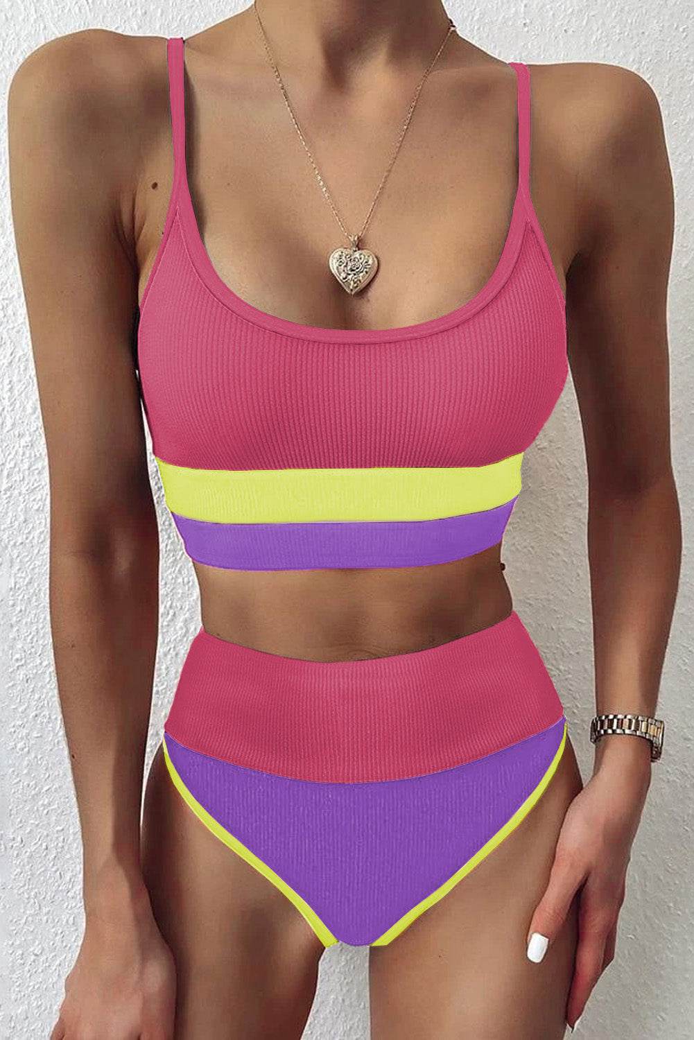 Color Block Spaghetti Strap Two-Piece Swim Set - Hovatok
