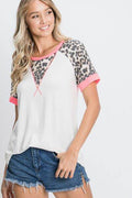 HeimishFull Size Leopard Round Neck Short Sleeve T-Shirt with Stitch Plus Size - Hovatok