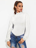 Backless Tie-Waist Turtleneck Lantern Sleeve Bodysuit - Hovatok