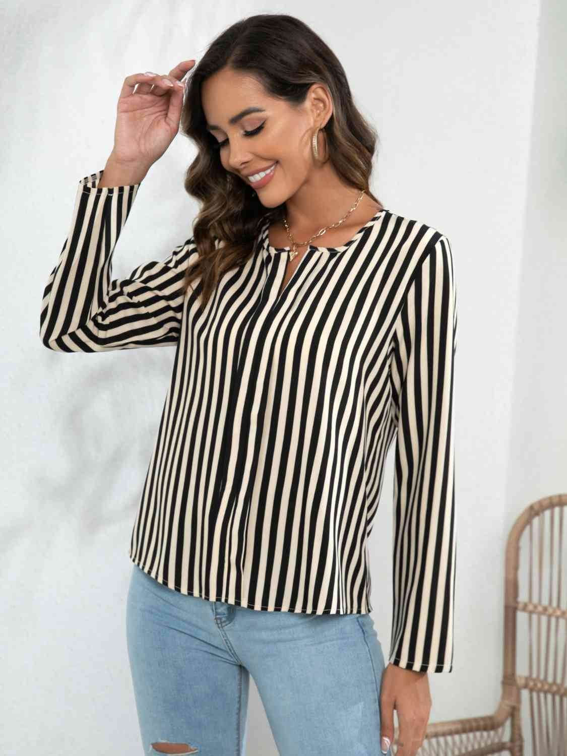 Striped Long Sleeve Notched Blouse - Hovatok