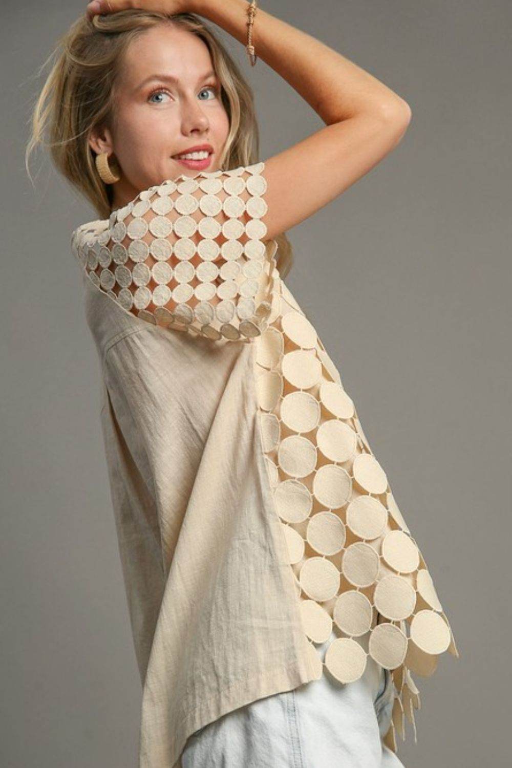 Umgee Full Size Mixed Polka Dot Lace Raglan Sleeve Boxy Cut Top Plus Size - Hovatok