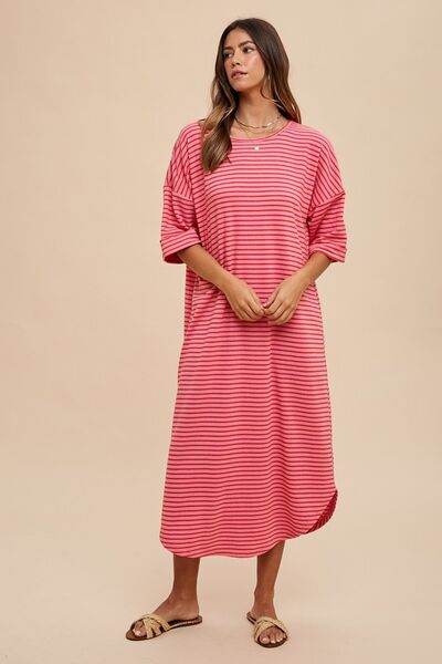 Annie Wear Striped Round Neck Terry Midi Dress - Hovatok