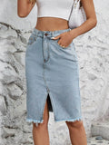 Raw Hem Slit Denim Skirt - Hovatok
