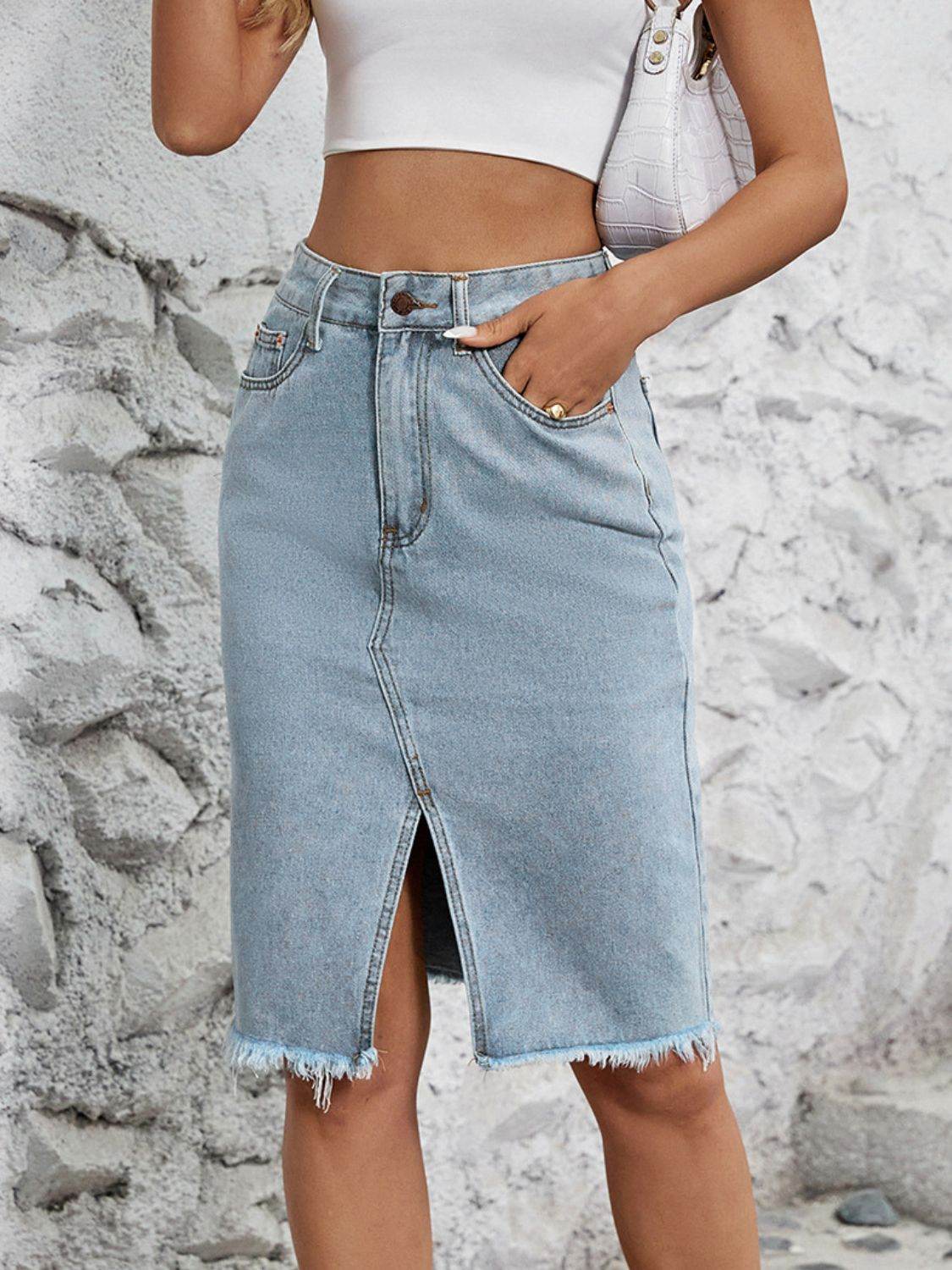 Raw Hem Slit Denim Skirt - Hovatok