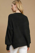 Umgee Full Size Side Slit Wool Blend Round Neck Sweater Plus Size - Hovatok