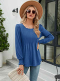 Smocked Round Neck Lantern Sleeve Blouse - Hovatok