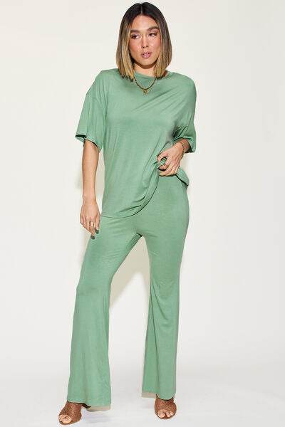Basic Bae Full Size Bamboo Drop Shoulder T-Shirt and Flare Pants Set - Hovatok