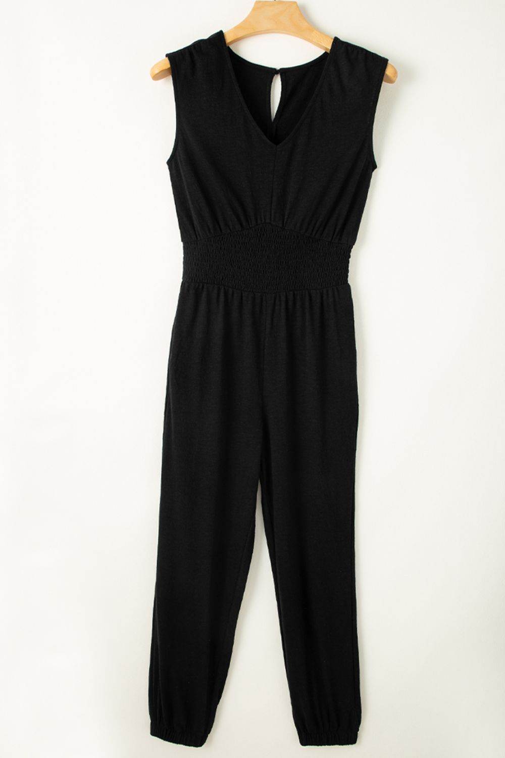 Smocked Sleeveless V Neck Jumpsuit - Hovatok