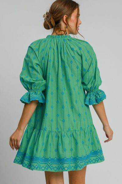 Umgee Full Size Tassel Embroidered Flounce Sleeve Mini Dress Plus Size - Hovatok