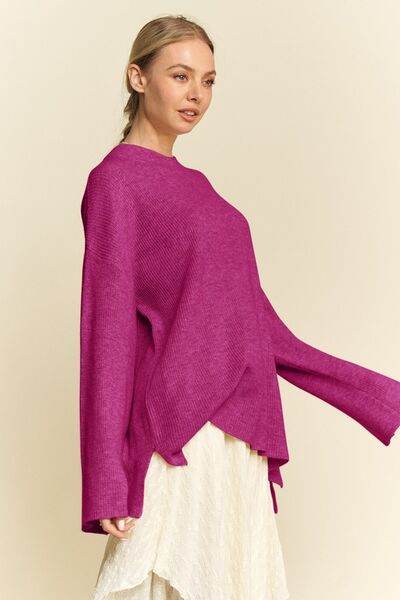 Davi & Dani High-Low Round Neck Drop Shoulder Sweater - Hovatok