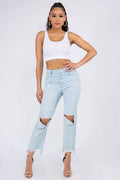 American Bazi High Waist Distressed Raw Hem Jeans - Hovatok