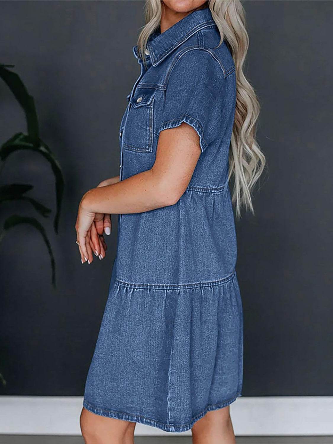 Pocketed Button Up Collared Neck Short Sleeve Denim Dress - Hovatok