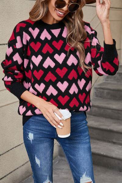 Angel Wings Contrast Heart Round Neck Sweater - Hovatok