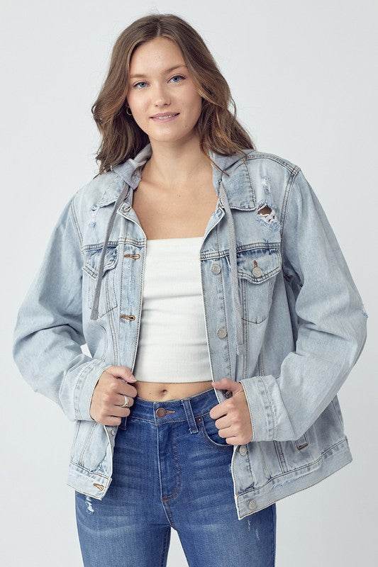 RISEN Full Size Distressed Drawstring Hooded Denim Jacket - Hovatok