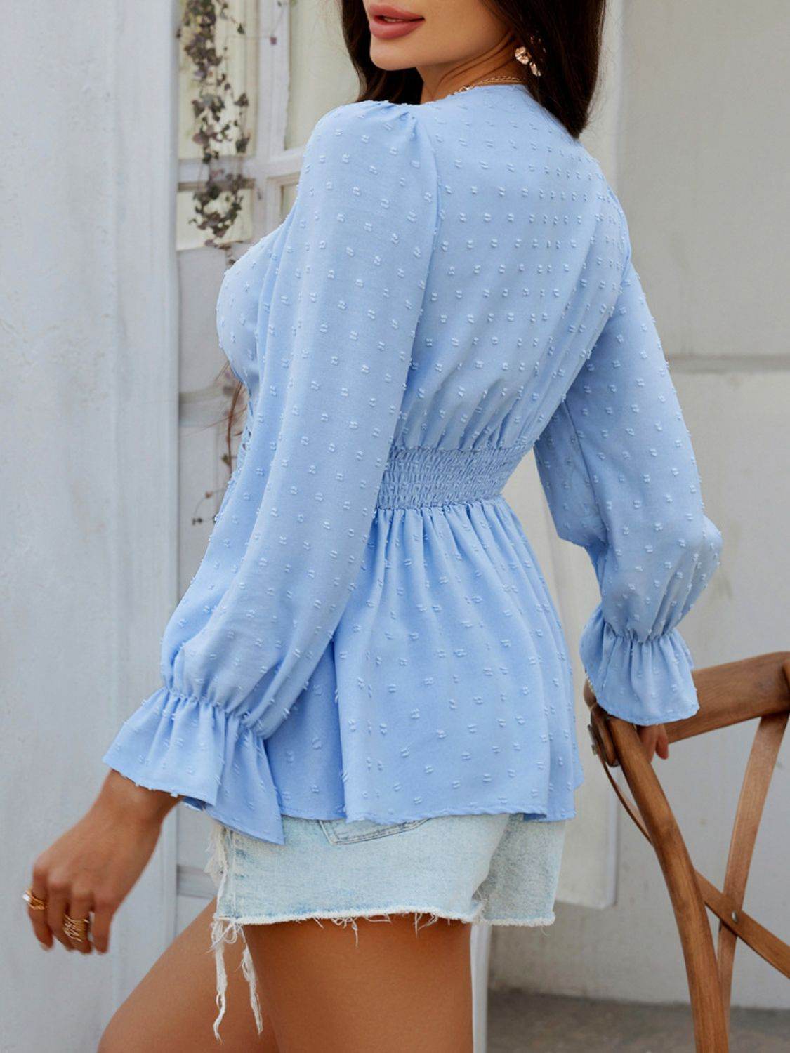 Devine Swiss Dot Lace Detail Surplice Flounce Sleeve Blouse - Hovatok