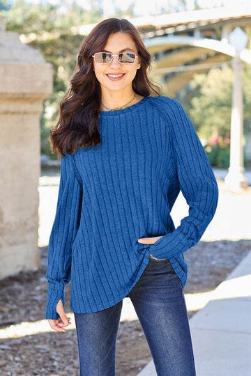 Basic Bae Full Size Ribbed Round Neck Long Sleeve Knit Top - Hovatok