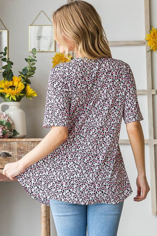 Heimish Full Size Short Sleeve Crisscross Animal Babydoll Top Plus Size - Hovatok