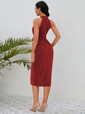Slit Ruched Mock Neck Sleeveless Dress - Hovatok