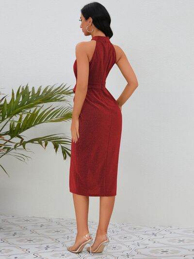 Slit Ruched Mock Neck Sleeveless Dress - Hovatok