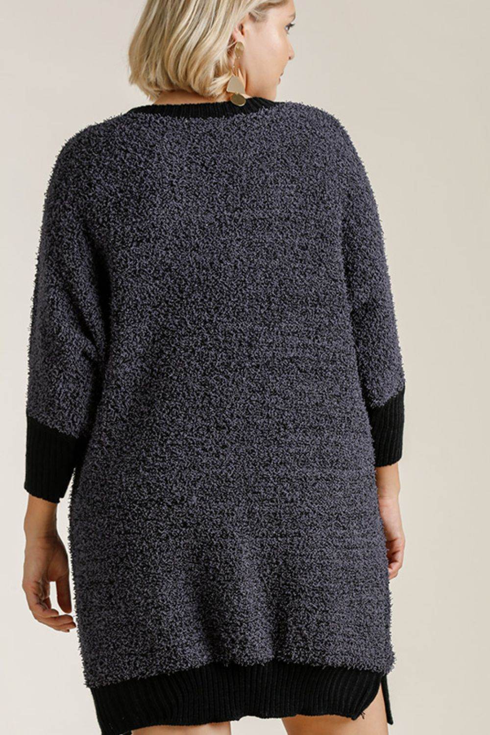 Umgee Full Size Ribbed Hem Round Neck 3/4 Sleeve Sweater Dress with Pockets Plus Size - Hovatok