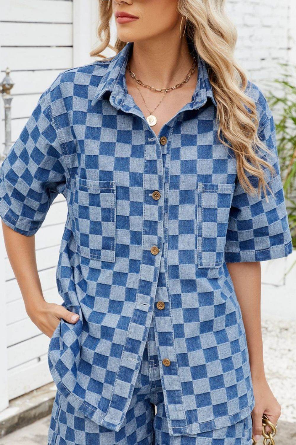 Button Down Checkered Denim Shirt - Hovatok