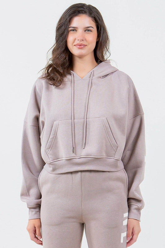 American Bazi Letter Graphic Long Sleeve Drawstring Cropped Hoodie - Hovatok