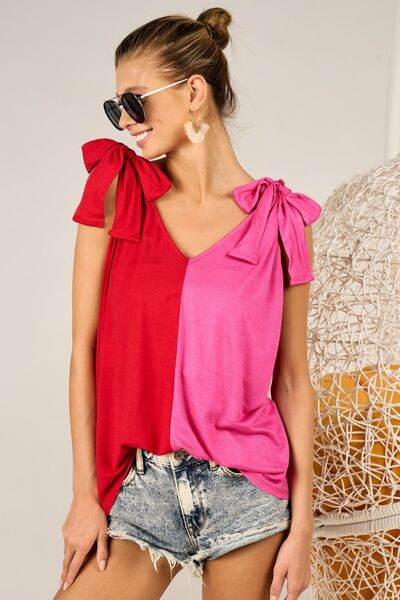 BiBi Shoulder Ribbon Tied Contrast Tank - Hovatok