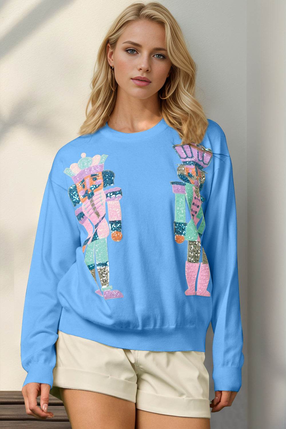 Double Take Full Size Sequin Nutcracker Long Sleeve Sweater - Hovatok