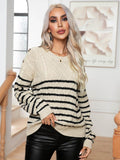 Striped Round Neck Cable-Knit Sweater - Hovatok