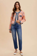 Annie Wear Floral Jacquard Denim Contrast Button Down Jacket - Hovatok