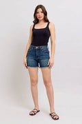 Judy Blue Tummy Control Fray Hem & Shield Back Pockets Denim Shorts - Hovatok