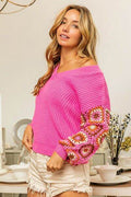 BiBi V-Neck Crochet Long Sleeve Sweater - Hovatok