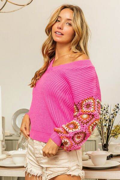 BiBi V-Neck Crochet Long Sleeve Sweater - Hovatok