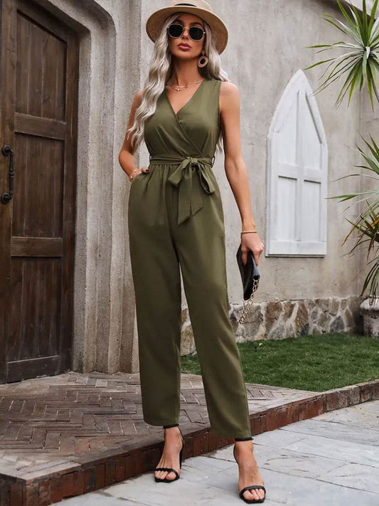 Surplice Tie Waist Sleeveless Jumpsuit - Hovatok