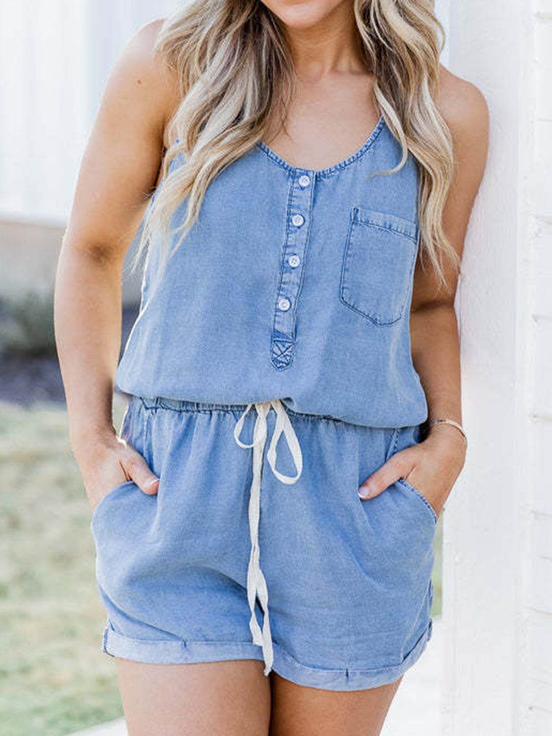 Pocketed Half Button Sleeveless Denim Romper - Hovatok