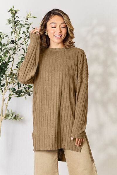 Basic Bae Full Size Ribbed Round Neck Long Sleeve Slit Top - Hovatok